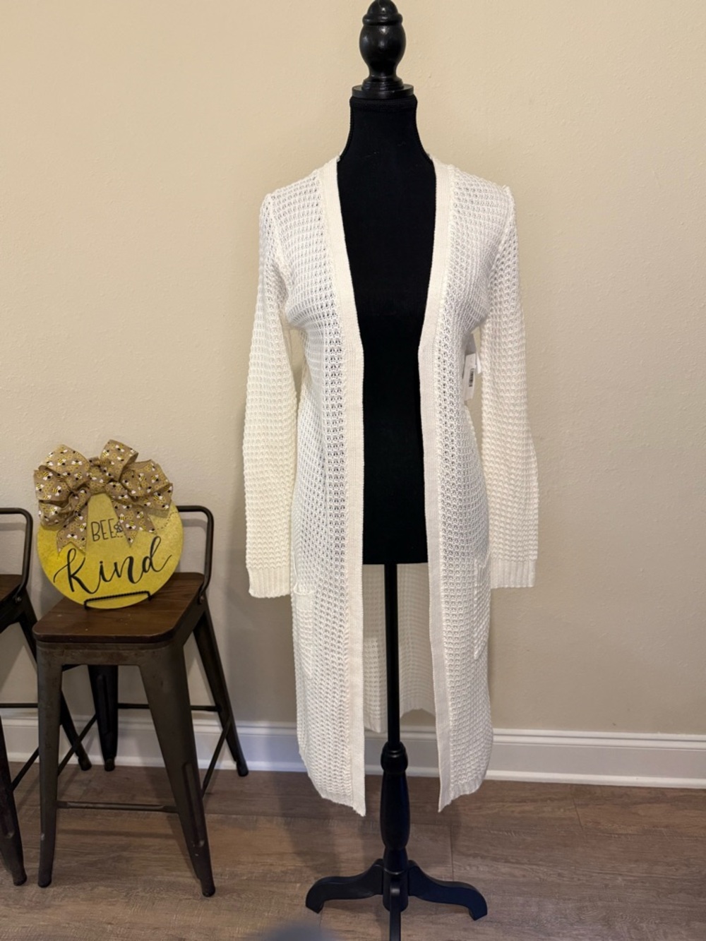 Long Open-Front White Knit Cardigan for Women